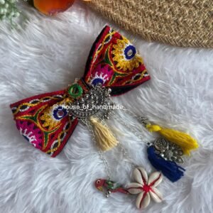 Handcrafted Embroidered Bow Brooch with Tassels & Charms