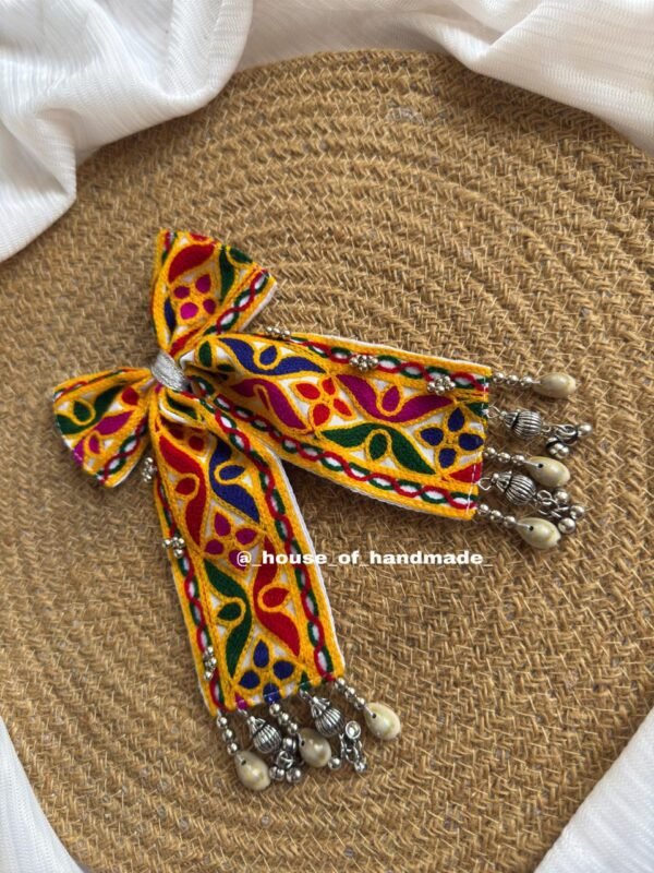 Handmade Multicolor Embroidered Bow Brooch with Ghungroo Charms