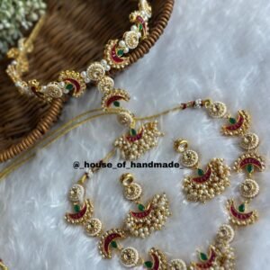 Handmade Crescent Moon Kundan Meenakari Hairband Necklace Earrings Set