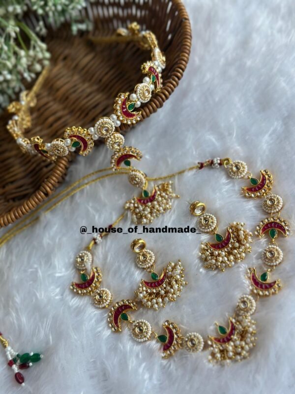 Handmade Crescent Moon Kundan Meenakari Hairband Necklace Earrings Set
