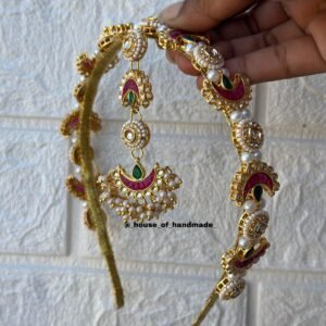Crescent Pearl Kundan Tikka Hairband | Red & Green Handmade Bridal Hair Accessory