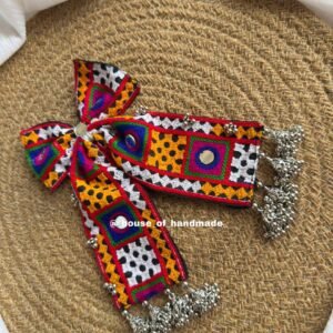 Handmade Vibrant Embroidered Bow Brooch with Silver Ghungroo Hangings