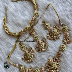 Handmade Green Enamel Kundan Floral Jewelry Set with Pearls