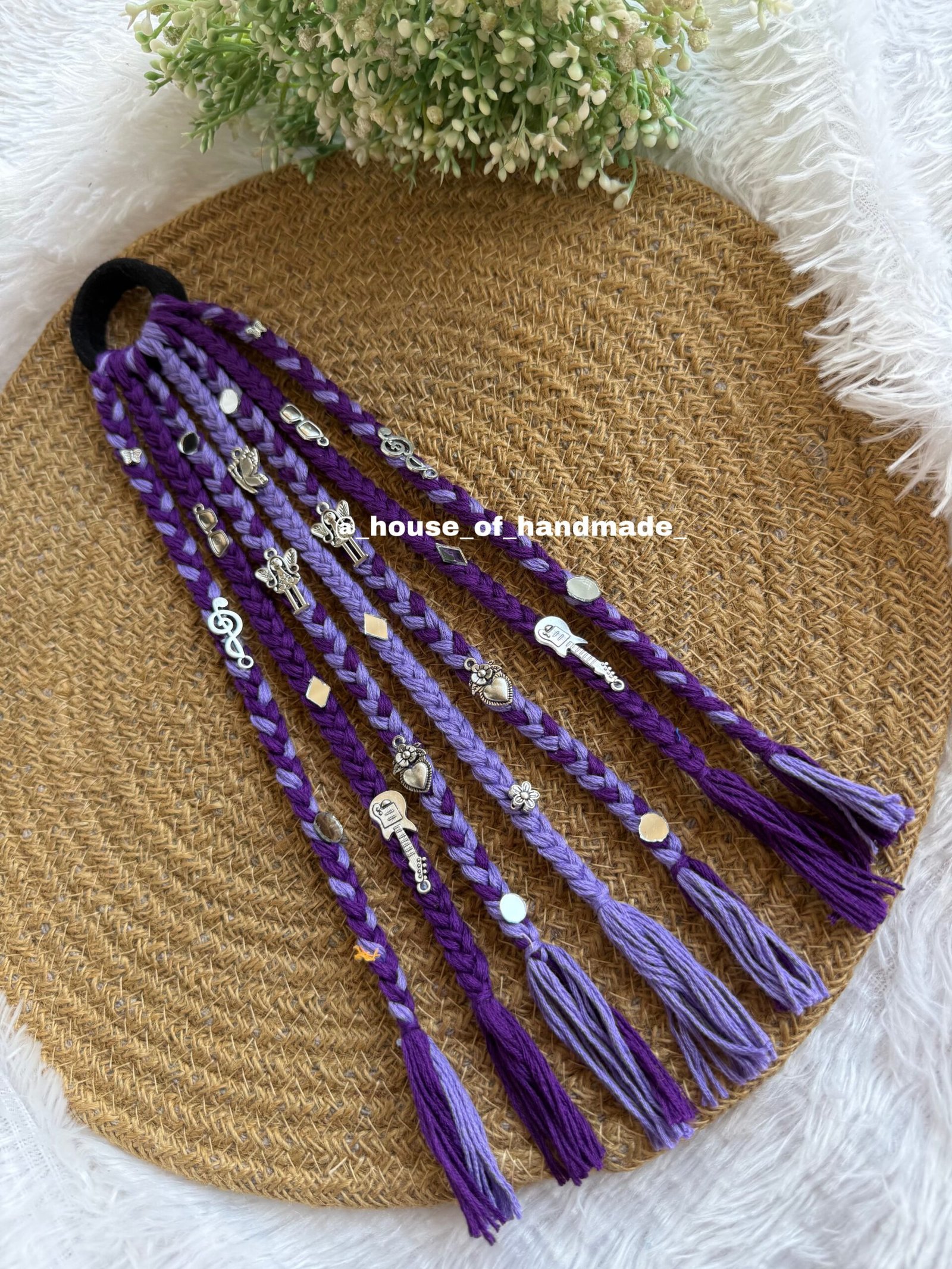 1F8FC346 11C9 4A29 B9AF DDCD2B75A827 scaled Lilac & dark purple boho hair string with mirror and oxidise charms Lilac & dark purple boho hair string with mirror and oxidise charms