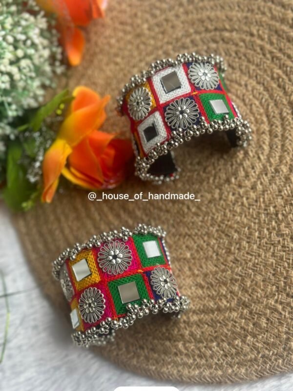 Handcrafted Embroidered Cuff Bangles with Mirror Work & Tribal Accents