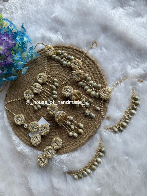 Handcrafted Pearl & Cowrie Shell Bridal Jewelry Set