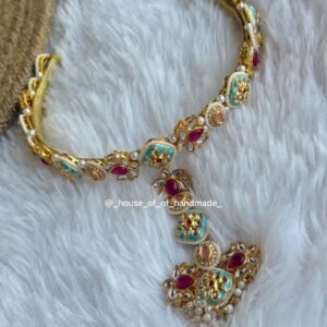 Handmade Kundan Necklace – Red, Turquoise & Pearl for Women