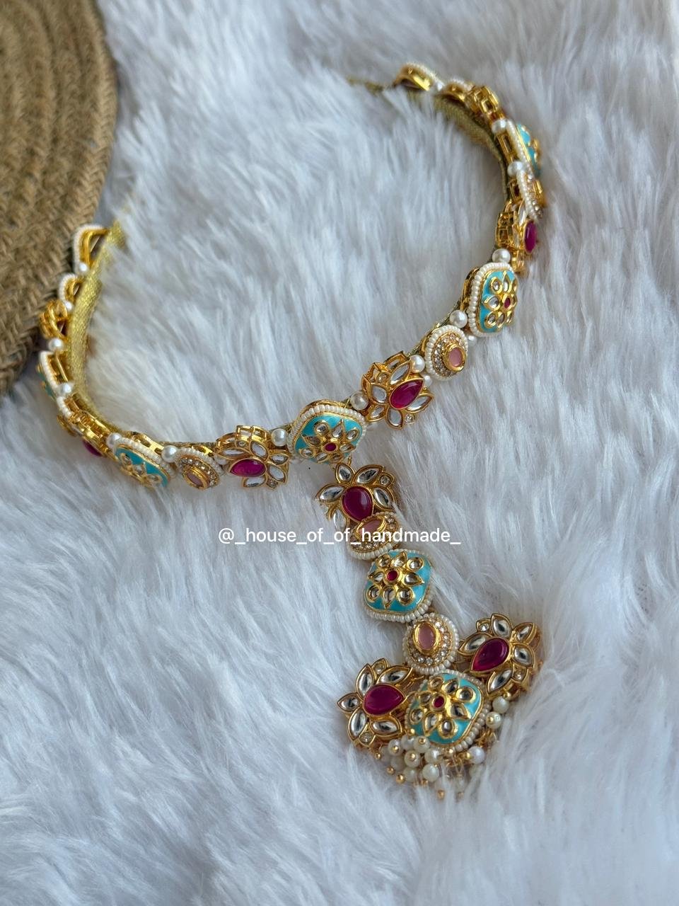 2 14 Handmade Kundan Necklace – Red, Turquoise & Pearl for Women Handmade Kundan Necklace – Red, Turquoise & Pearl for Women