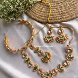 Handmade Green Bridal Hairband Tika Necklace Earrings Set