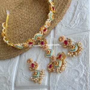 Handmade Kundan Necklace & Earrings Set – Red, Turquoise & Pearl