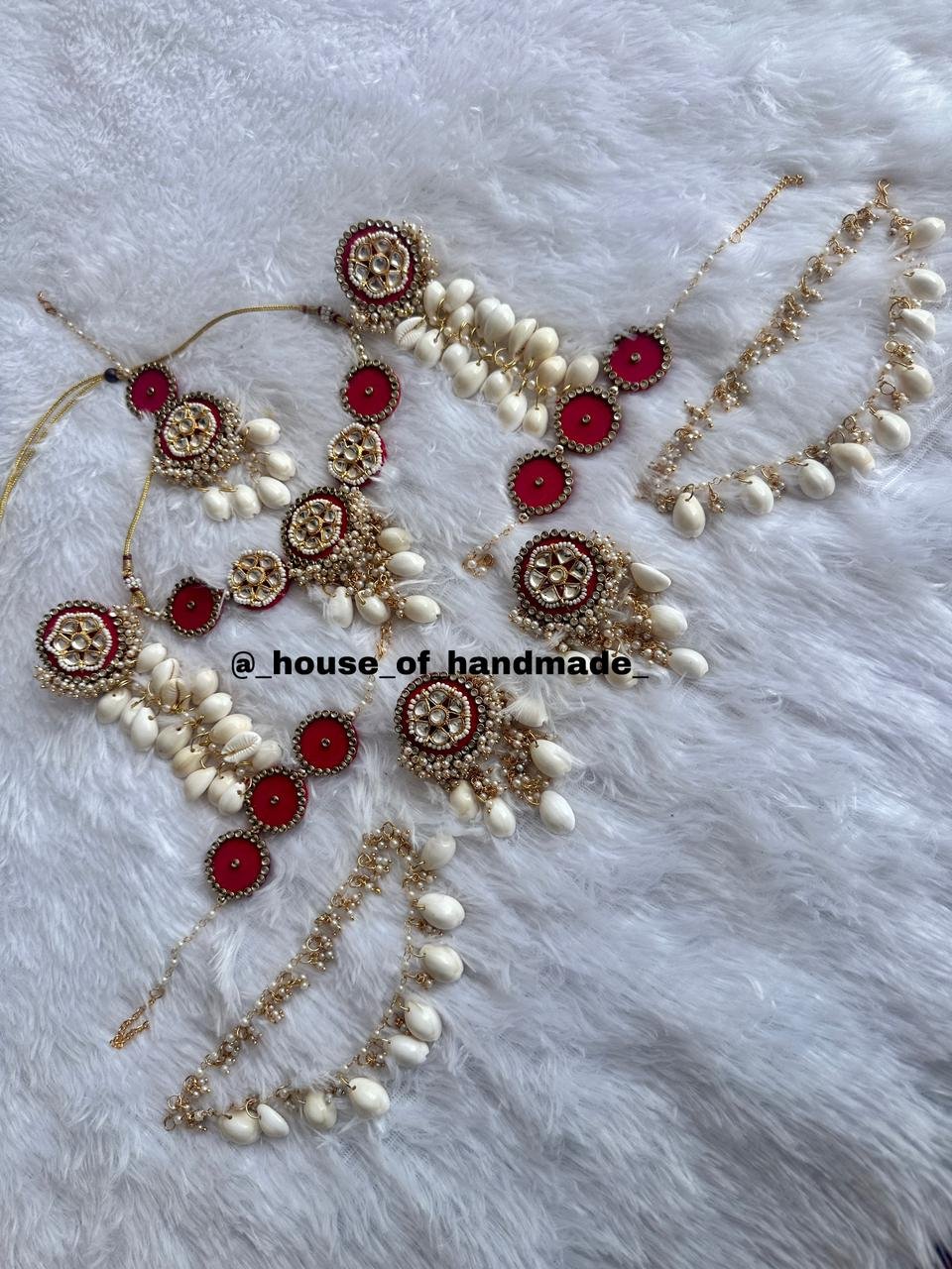 3 13 Handmade Shell Pearl Set – Red & White Accents Handmade Shell Pearl Set – Red & White Accents