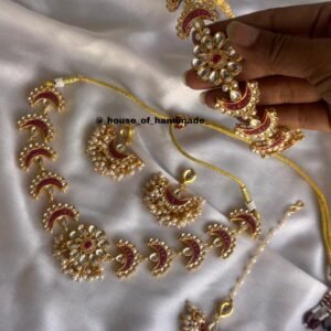 Handmade Red Bridal Hairband Tika Necklace Earrings Jewelry Set
