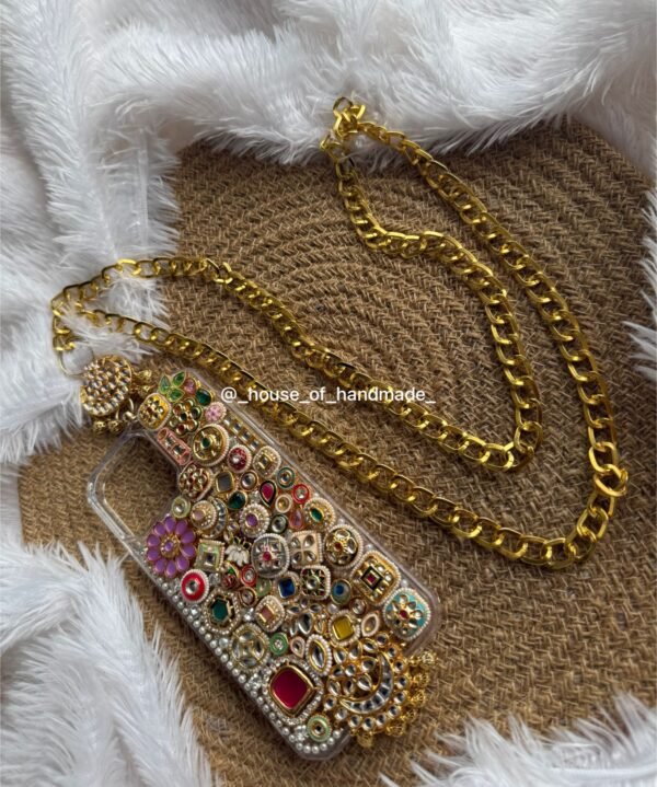 Handmade Kundan Pearl Embellished Phone Case with Chain