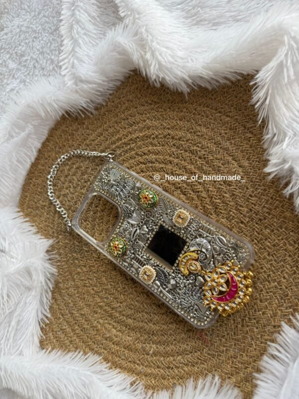 Handmade Kundan Silver Ethnic Phone Case with Chain