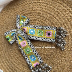 Handmade Pastel Embroidered Bow Brooch with Ghungroo