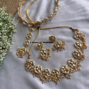 Handmade Golden Kundan Hairband Necklace Earrings Jewelry Set