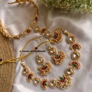 Handmade Red Green Bridal Hairband Necklace Earrings Jewelry Set