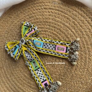Handmade Black & Yellow Embroidered Bow Brooch with Pastel Mirror Work and Ghungroo