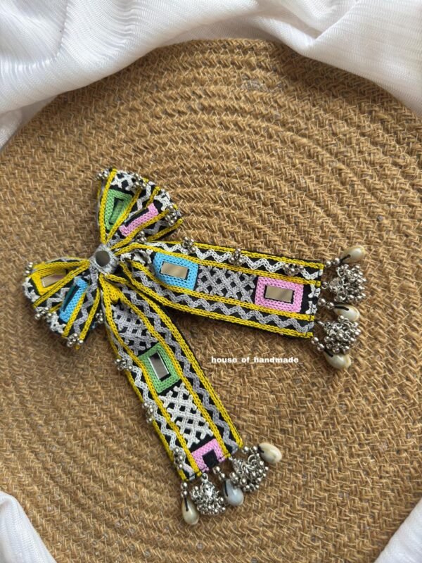 Handmade Black & Yellow Embroidered Bow Brooch with Pastel Mirror Work and Ghungroo