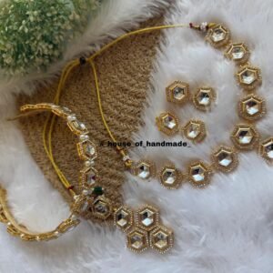 Handmade Hexagon Kundan Hairband Necklace Earrings Jewelry Set