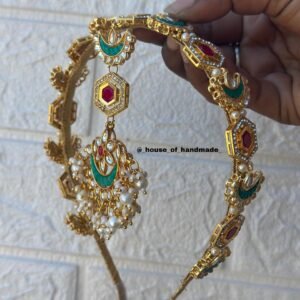 Bridal Maang Tikka Style Hairband | Green & Red Kundan Hair Accessory