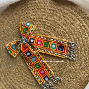 Handmade Multicolor Embroidered Bow Brooch with Mirror Work & Silver Ghungroo