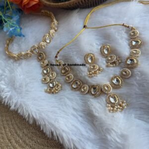 Handmade Oval Kundan Hairband Necklace Earrings Jewelry Set