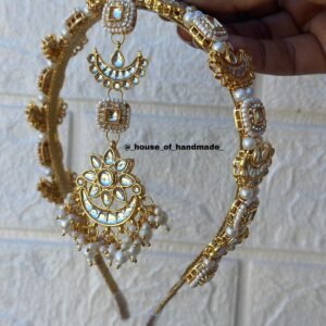 White Kundan Maang Tikka Style Hairband | Bridal Pearl Hair Accessory