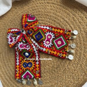 Handmade Multicolor Embroidered Bow Brooch with Mirror Work, Coins & Shells