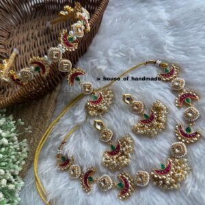 Handmade Red Green Crescent Kundan Hairband Necklace Earrings Set