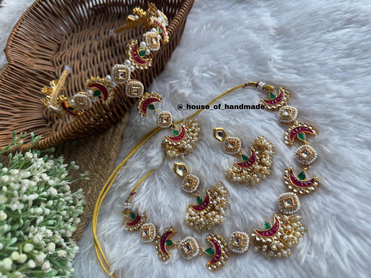8 2 Handmade Red Green Crescent Kundan Hairband Necklace Earrings Set Handmade Red Green Crescent Kundan Hairband Necklace Earrings Set