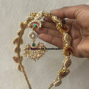 Red-Green Crescent Kundan Tikka Hairband | Pearl Drop Bridal Accessory