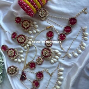 Red & Yellow Silk Thread Jewelry Set with Pearl Drops