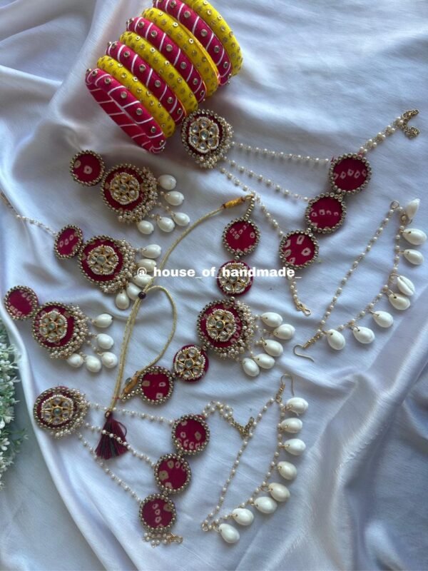 Red & Yellow Silk Thread Jewelry Set with Pearl Drops