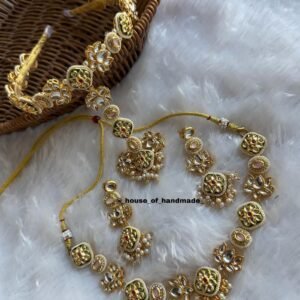 Handmade Floral Kundan Green Red Meenakari Hairband Necklace Earrings Set