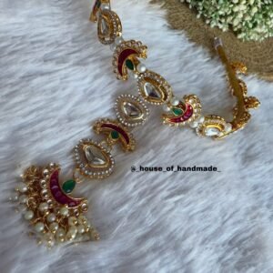 Teardrop & Crescent Kundan Tikka Hairband | Red-Green Pearl Bridal Accessory