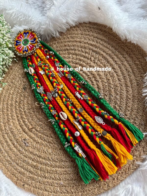 Red yellow green boho brooch with mirror and charms