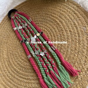 Light shade of maroon & green thread hair string with mirror and oxidise charms
