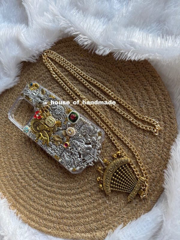 Silver & golden mix phone case with golden sling