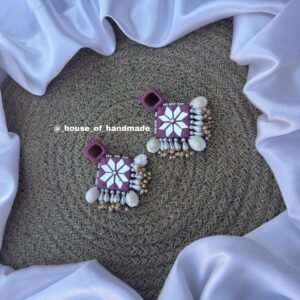 Handcrafted Lavender Mirror Work Square Earrings with Pearls
