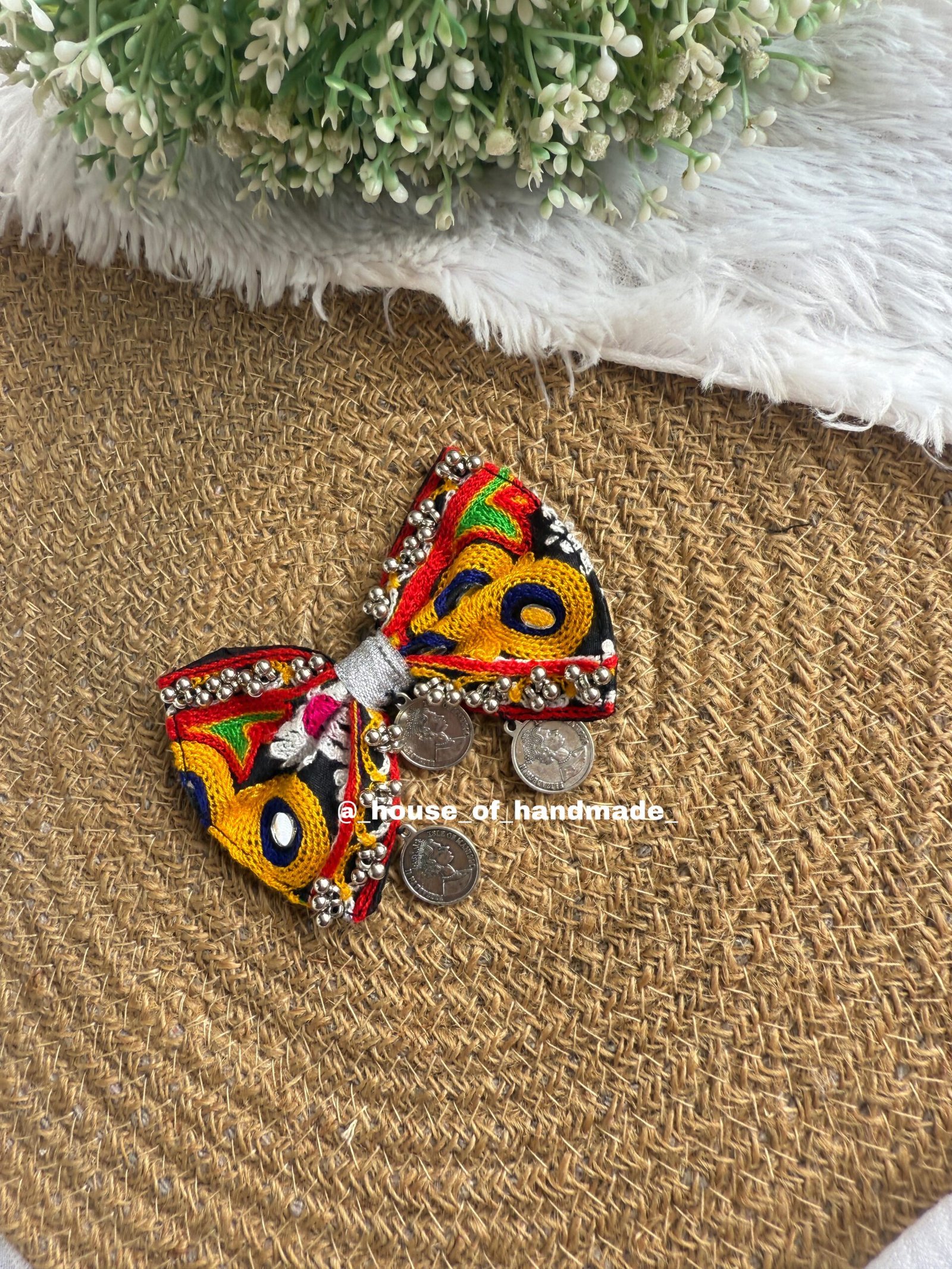 A1E6F50F 267D 46DA 82AC 500651DBF0AF scaled Bow with round coin and ghunghru Bow with round coin and ghunghru