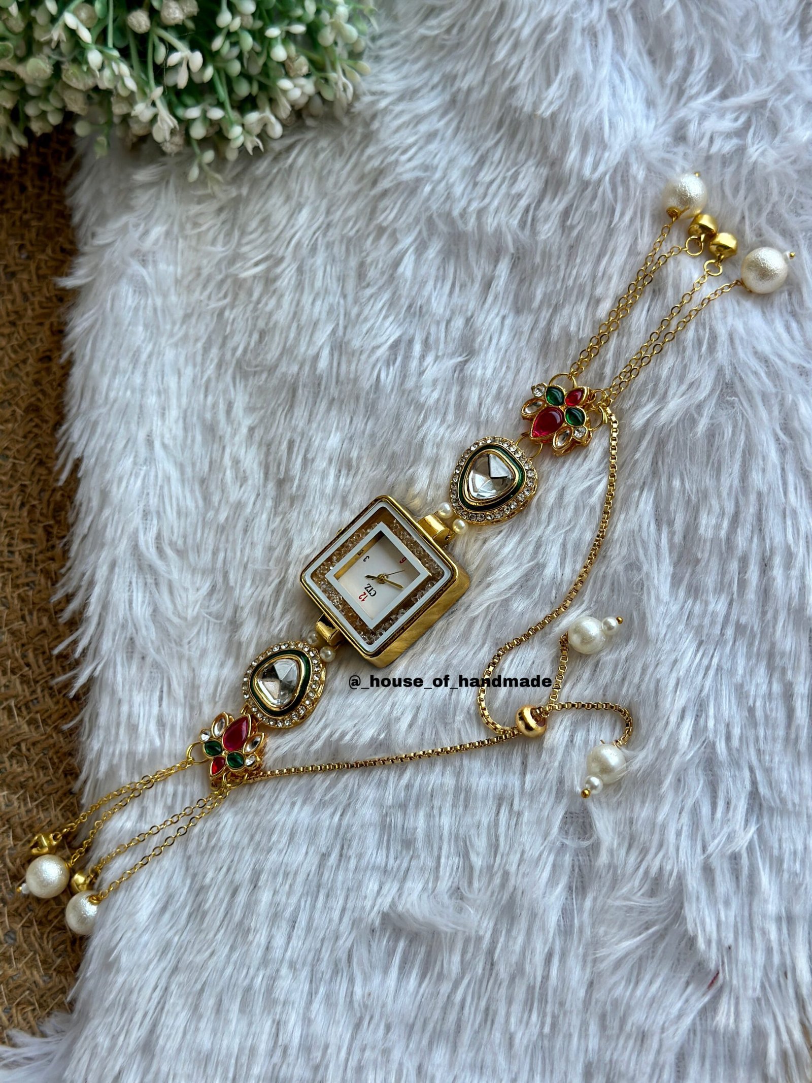 Green hearty shape kundan with lotus Kashmiri watch