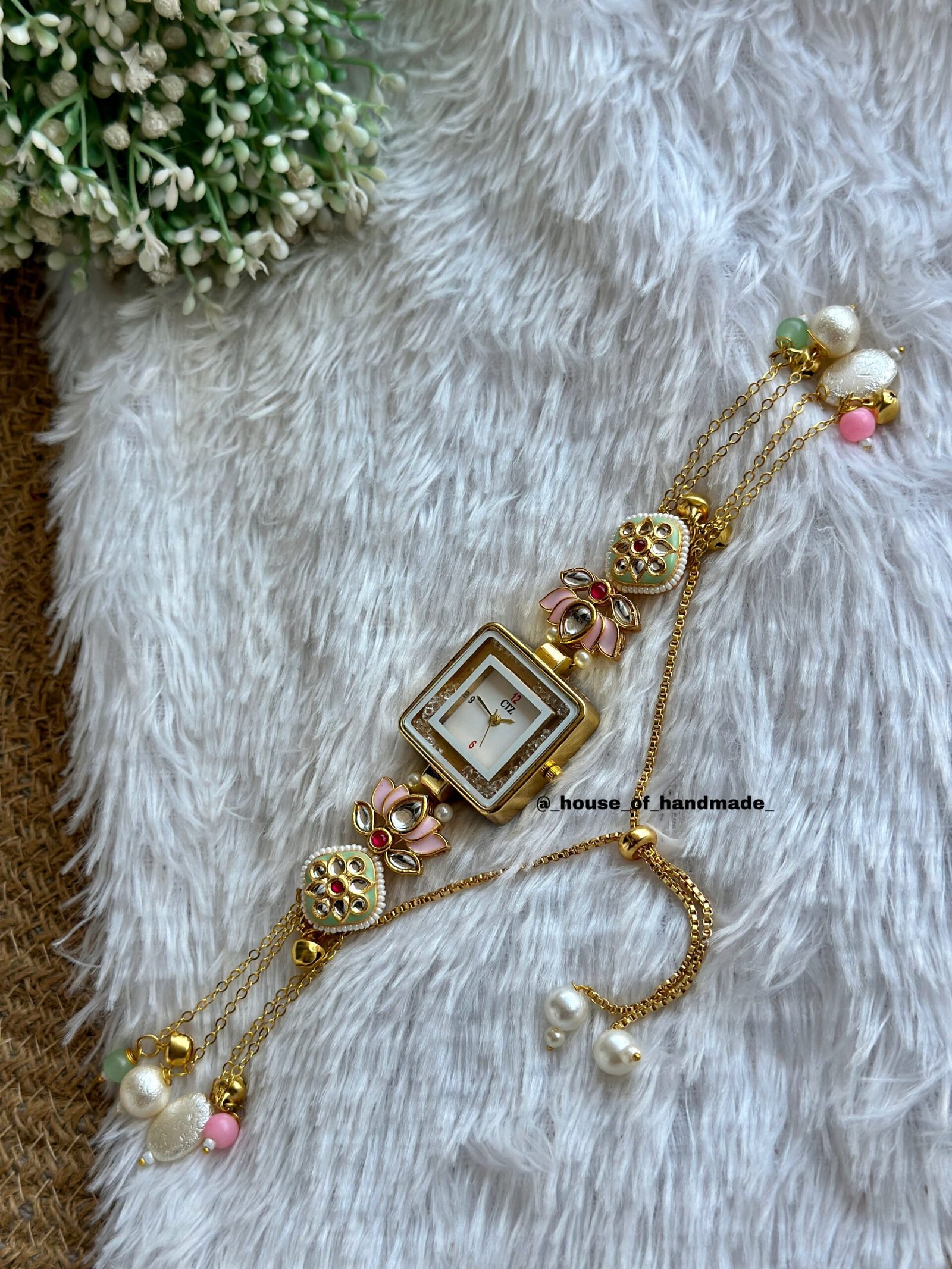 Pista & baby pink lotus with hanging Kashmiri watch