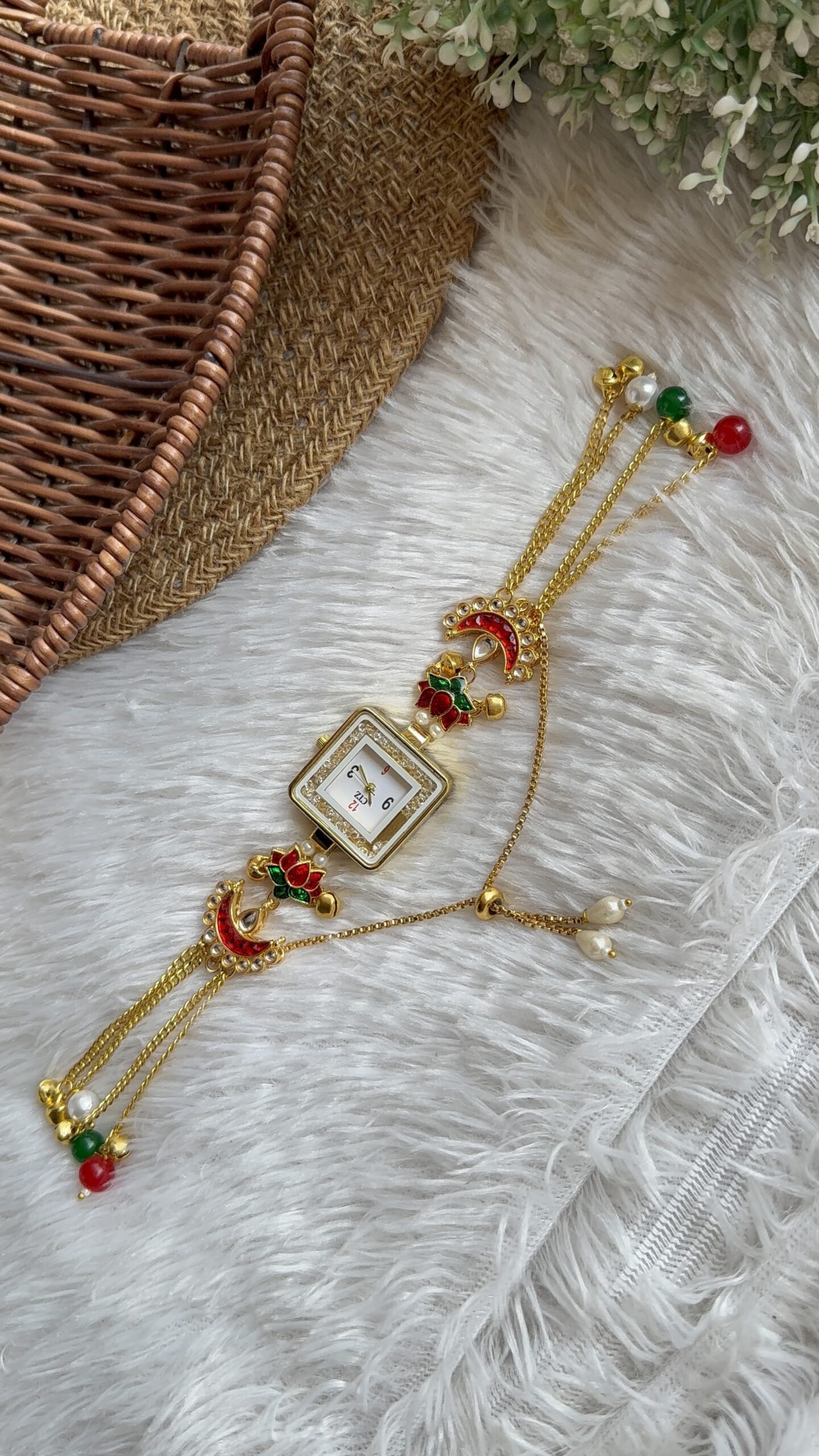 Red moon & red green lotus Kashmiri watch with hanging