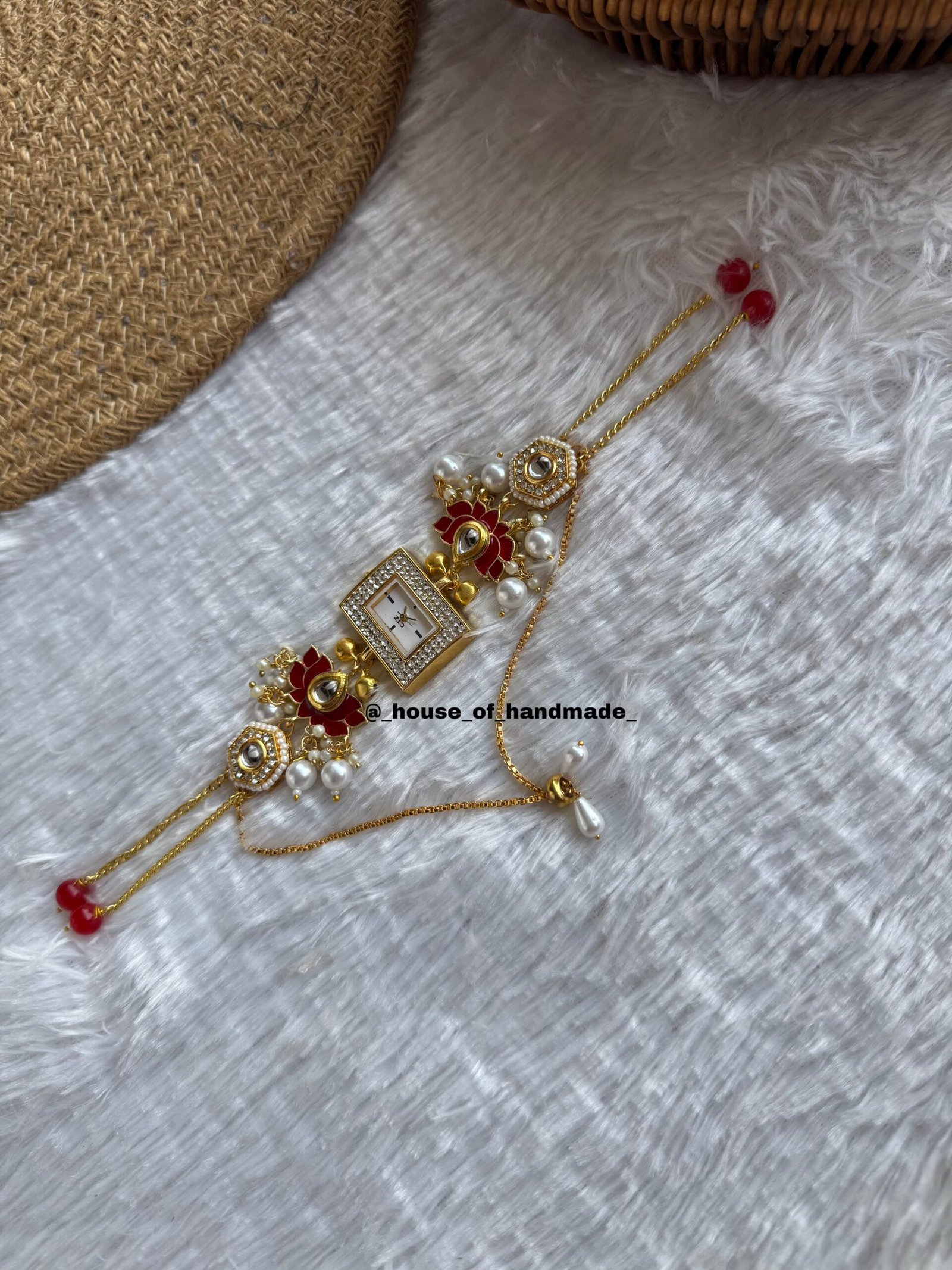 Red lotus with white kundan Kashmiri watch