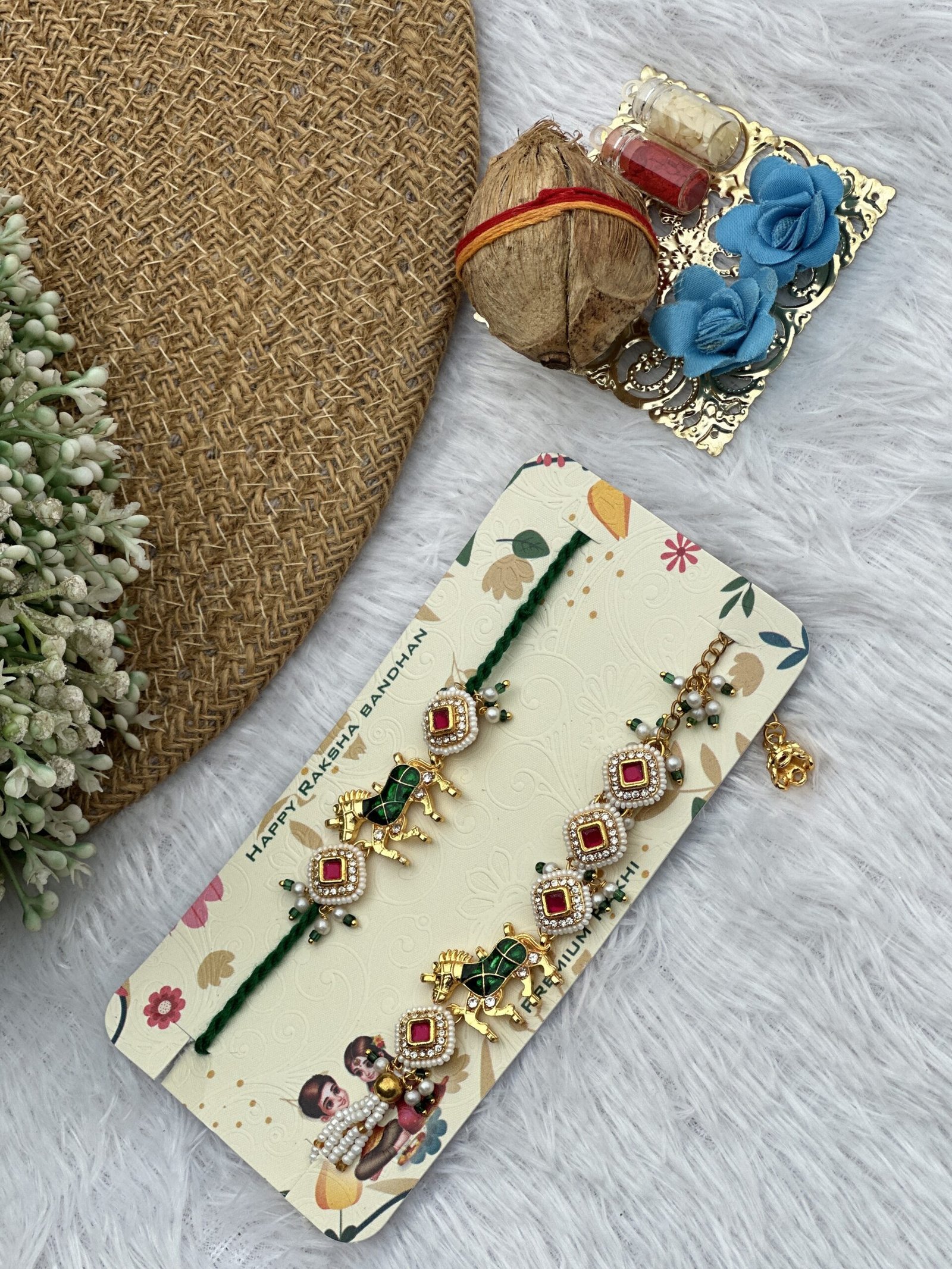 Green horse with pink stone bhai & bhabhi rakhi
